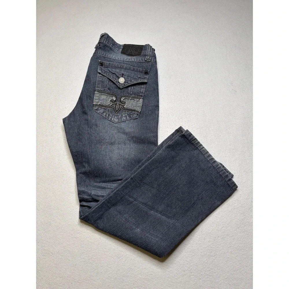 Xtreme Couture Jeans Mens 34x32 Blue Distressed Y2K‎ Embroidered Relaxed Fit